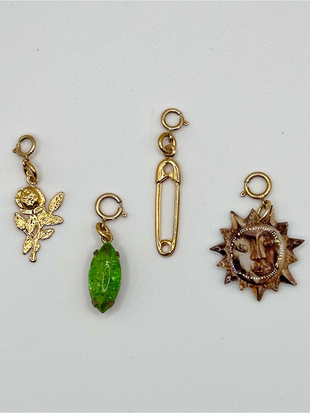 4 Haricot Vert 14K Gold Filled Charms - Safety Pin, Rose, Sun, Green Gemstone